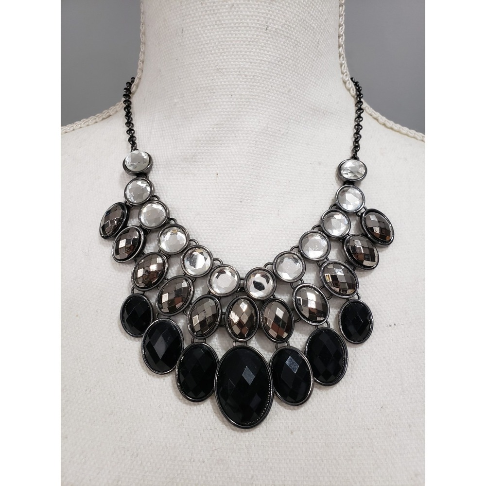 Black Silver Tone Rhinestone Statement Necklace Charming Charlie Y2k Bib Glam